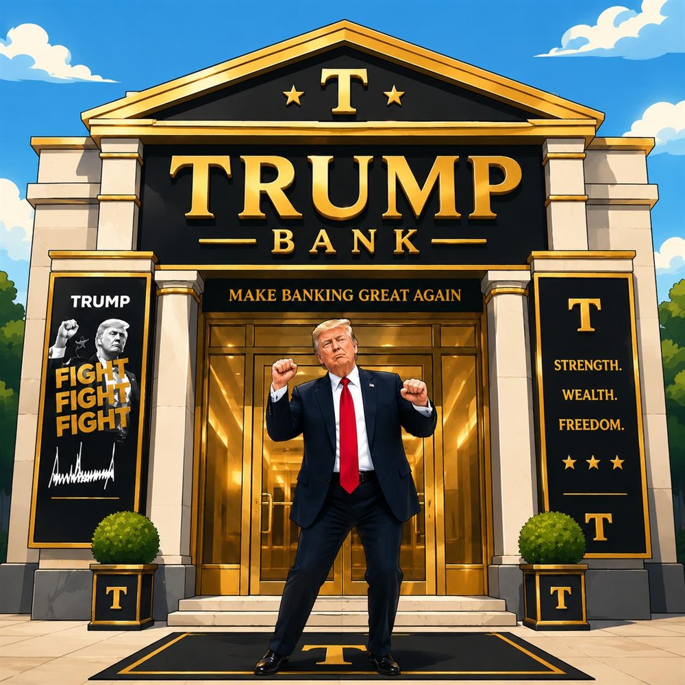 The TRUMP BANK logo: a black and gold neoclassical bank facade with fluted gold columns, the TRUMP BANK sign in cast gold letters, and the motto Make Banking Great Again over the doors.